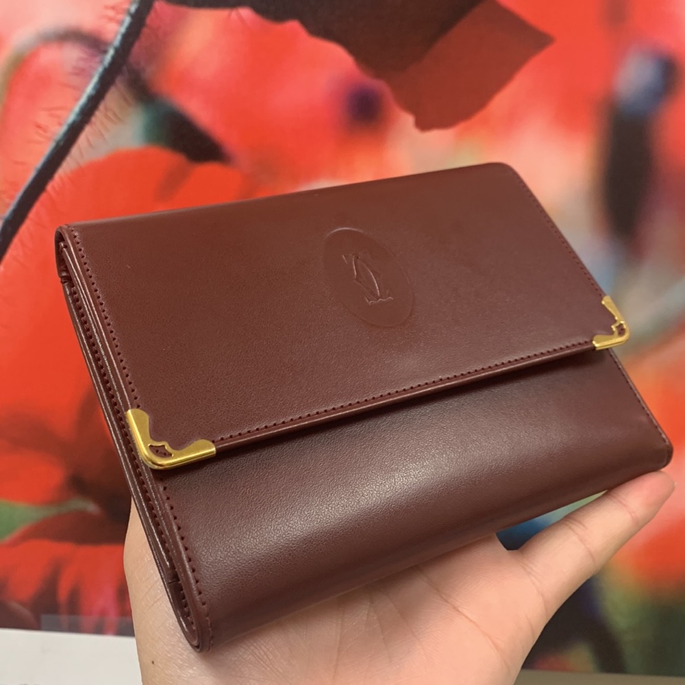 Sold❌AUTHENTIC MUST DE CARTIER TRI-FOLD FRENCH STYLE WALLET BORDEAUX LEATHER - Picture 15 of 17